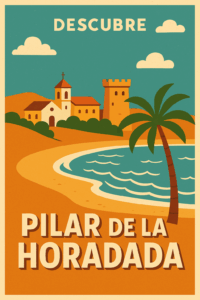 ilustración vintage de Pilar de la Horadada con playa, iglesia y palmera- descubre el pueblo en la costa blanca