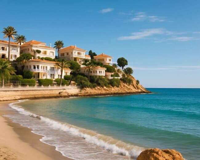 Playa de Campoamor en Alicante con casas mediterráneas junto al mar